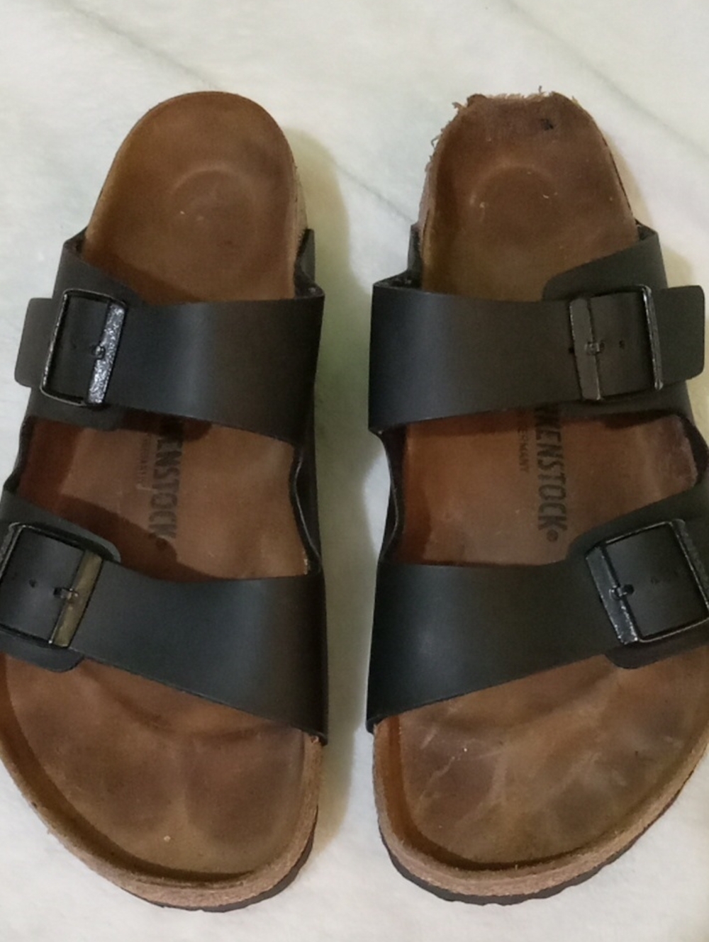 Like New But Damaged Birkenstock Double Strap Sandals - Black/Brown, Size 45